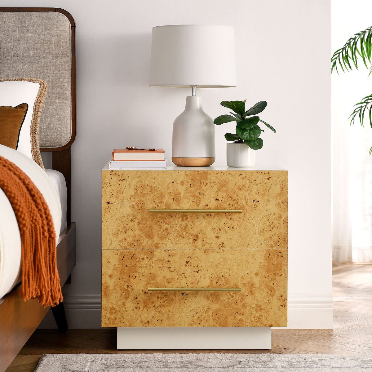 Abel White/Bleached 2-Drawer Burl Wood Nightstand - Ornate Home