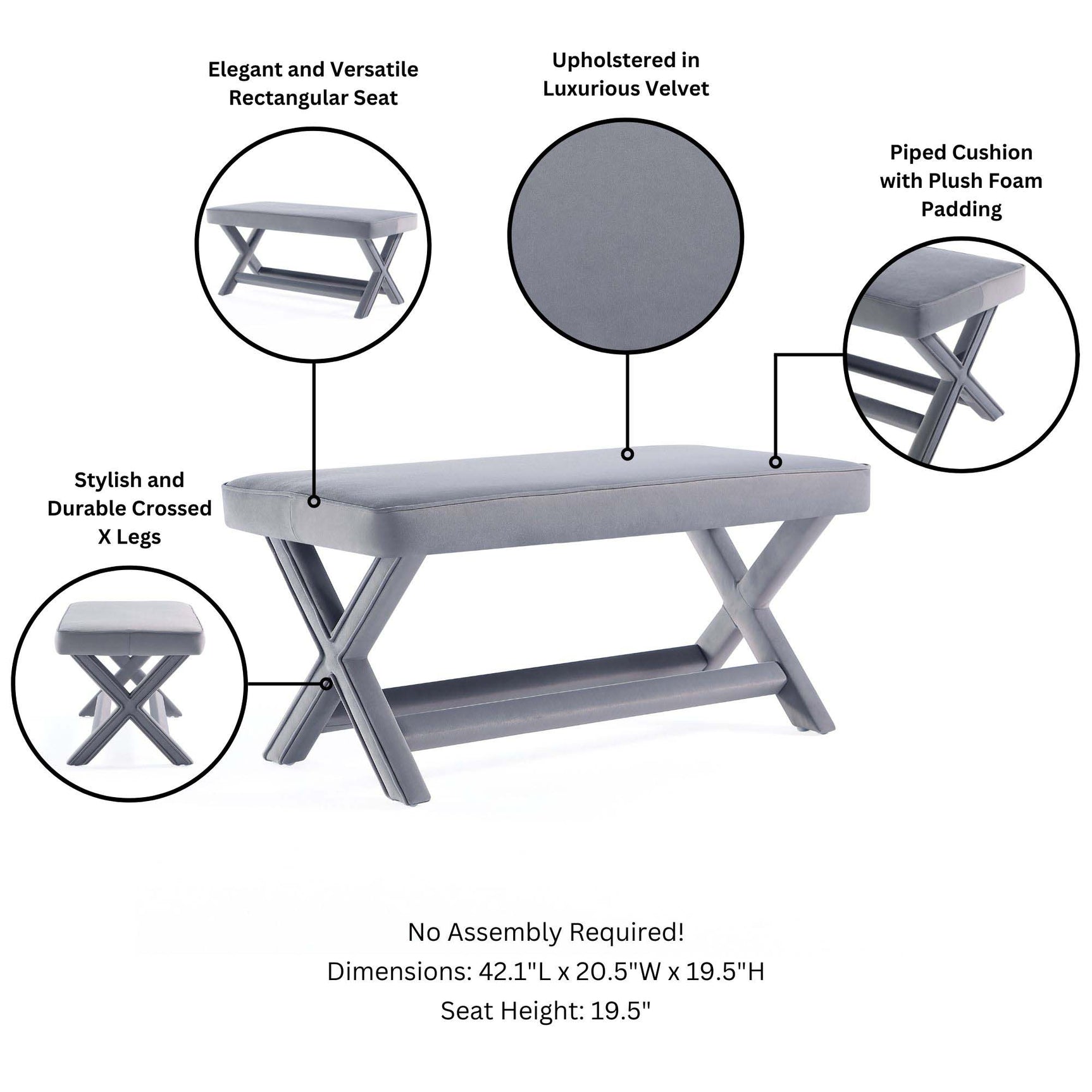 Abigail Double Ottoman Bench in Grey - Ornate Home