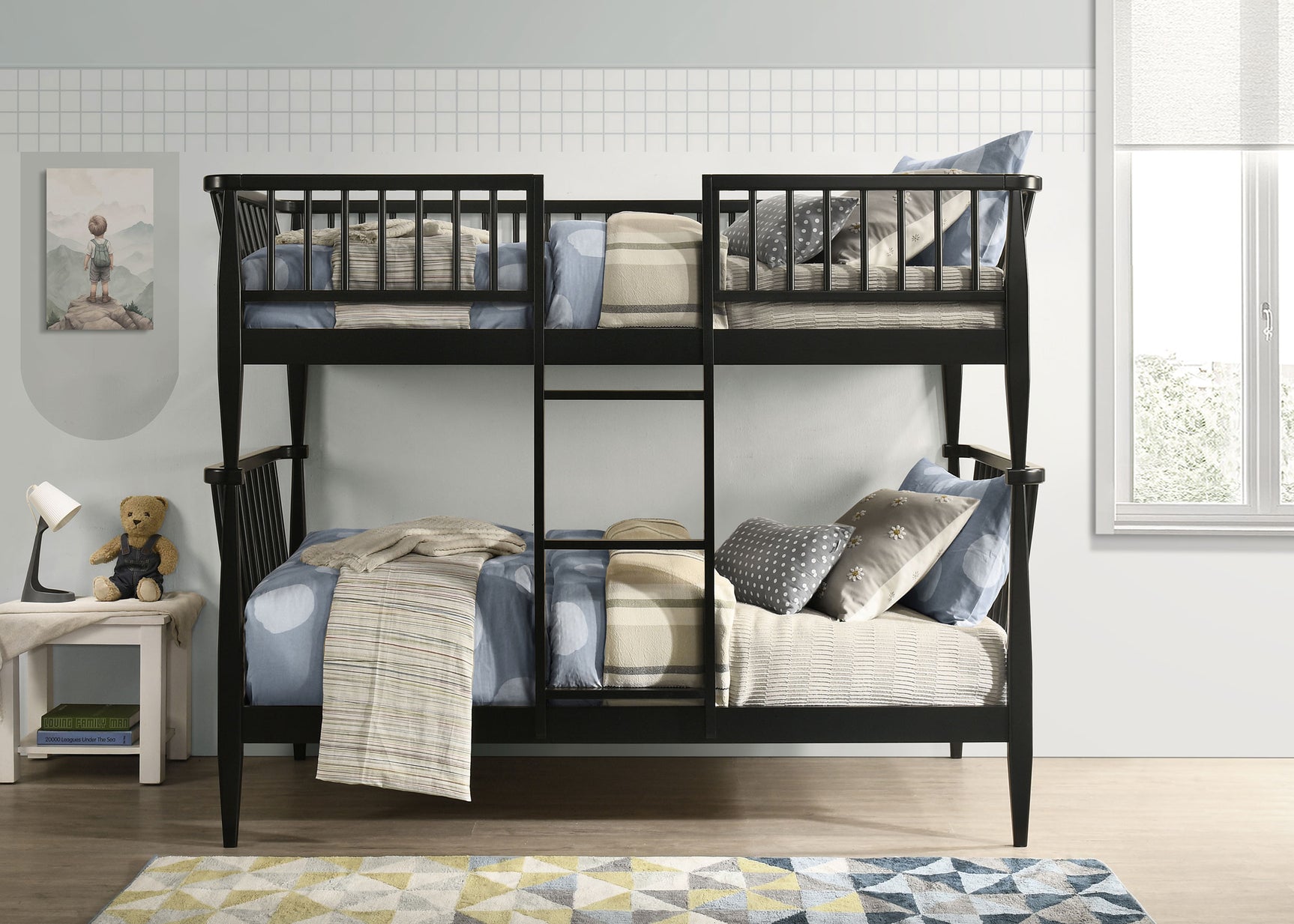 Abram Black Windsor Twin Over Twin Wood Bunk Bed with Ladder - Ornate Home
