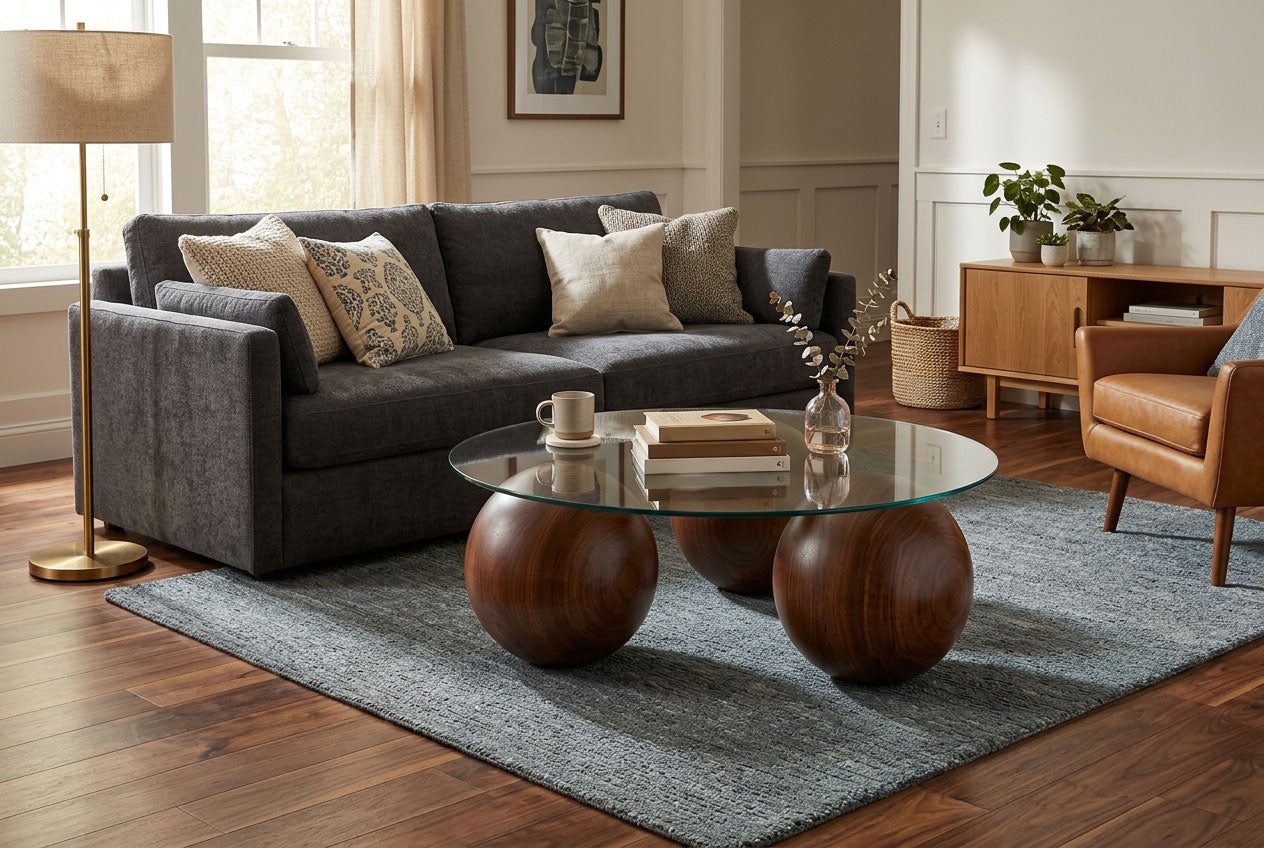Abstract 16" Dia Dark Walnut Cast Ball-Shape Base Coffee Table w/ Round Clear Glass Top - Ornate Home