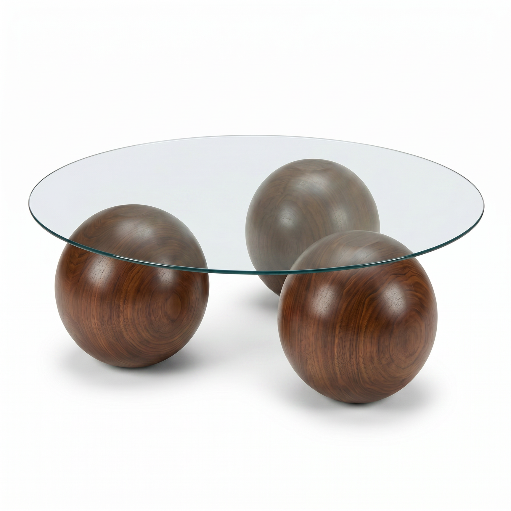 Abstract 16" Dia Dark Walnut Cast Ball-Shape Base Coffee Table w/ Round Clear Glass Top - Ornate Home