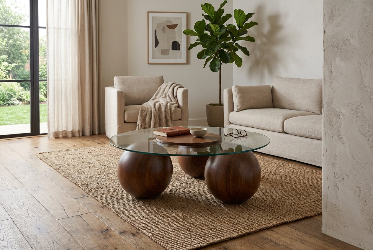 Abstract 16" Dia Dark Walnut Cast Ball-Shape Base Coffee Table w/ Round Clear Glass Top - Ornate Home