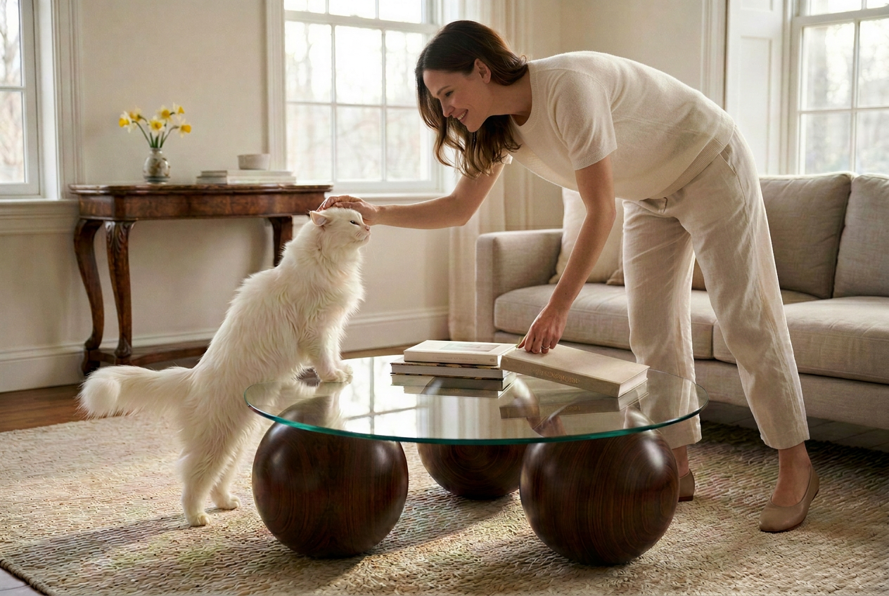 Abstract 16" Dia Dark Walnut Cast Ball-Shape Base Coffee Table w/ Round Clear Glass Top - Ornate Home