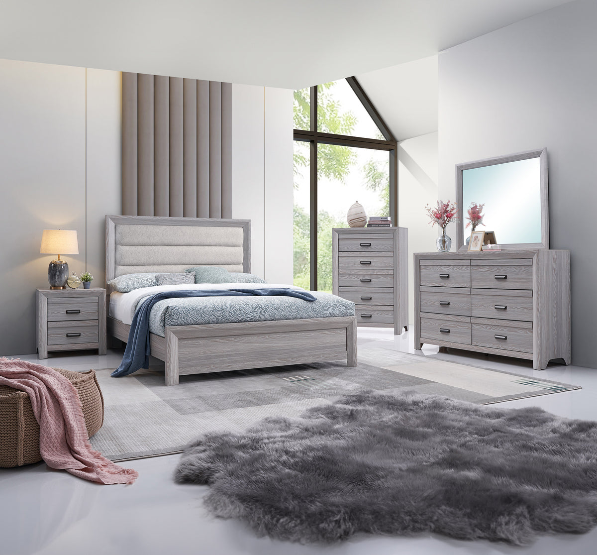 Adelaide Driftwood Queen Upholstered Panel Bed - Ornate Home