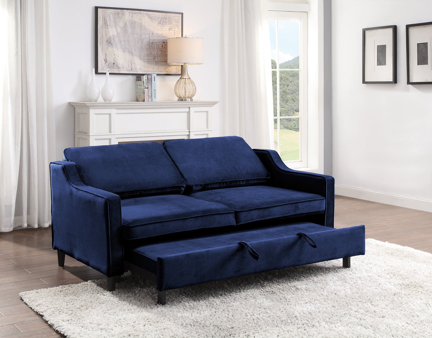 Adelia Navy Studio Sofa with Pull-out Bed - Ornate Home
