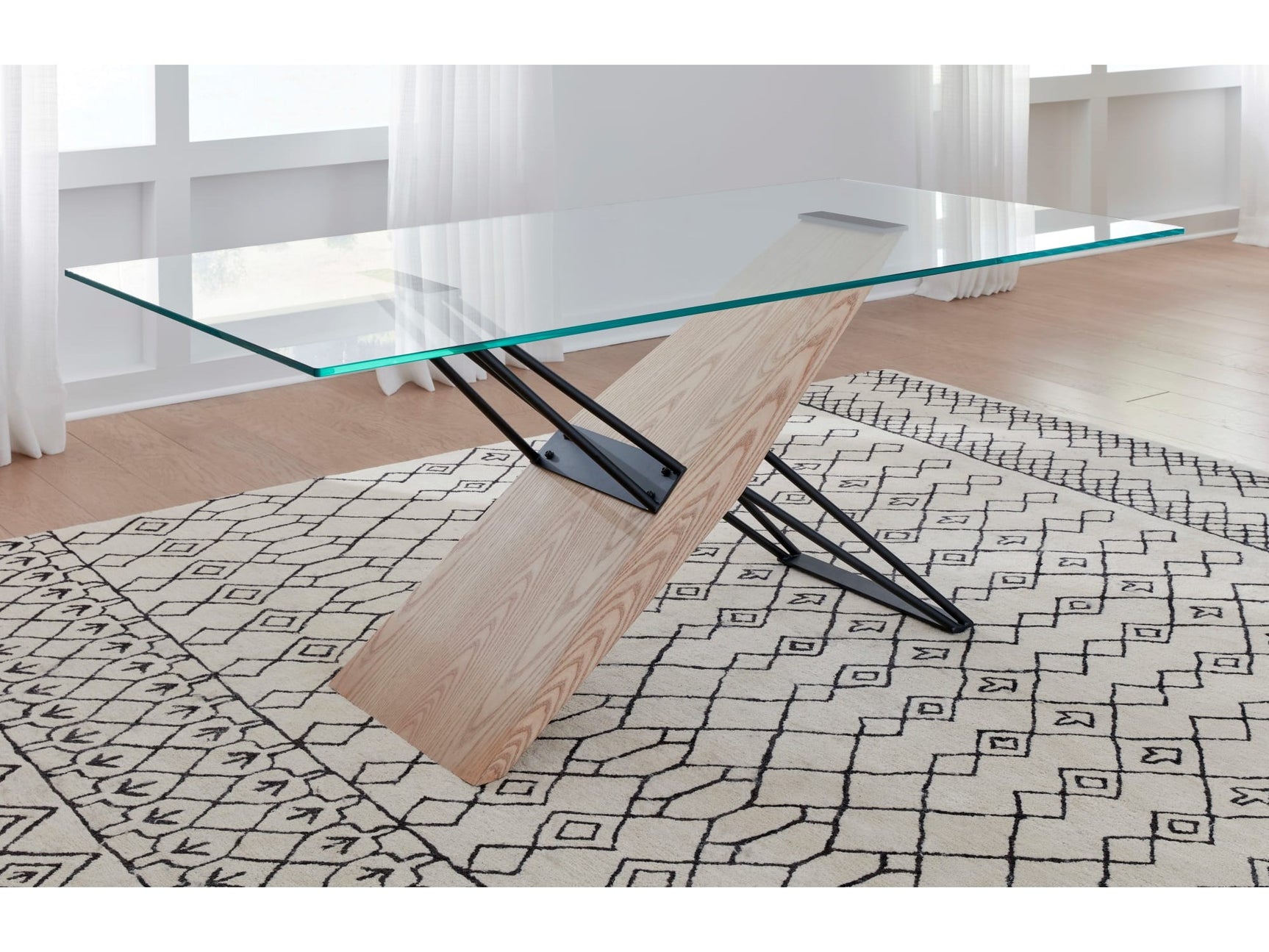 Aere Natural Ash/Black Glass, Wood and Metal Rectangular Dining Table - Ornate Home