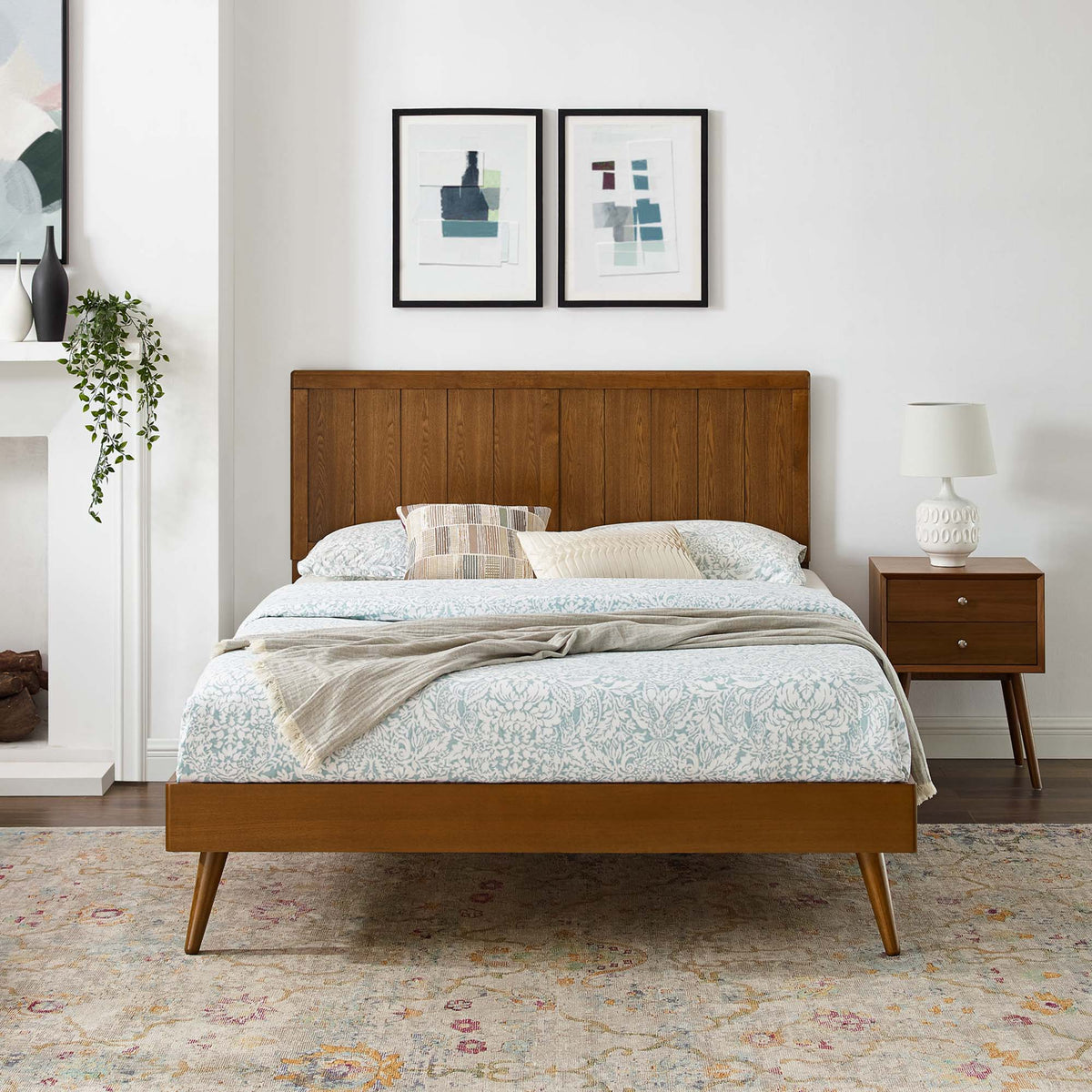 Alana Walnut Wood Twin Platform Bed With Splayed Legs - Ornate Home