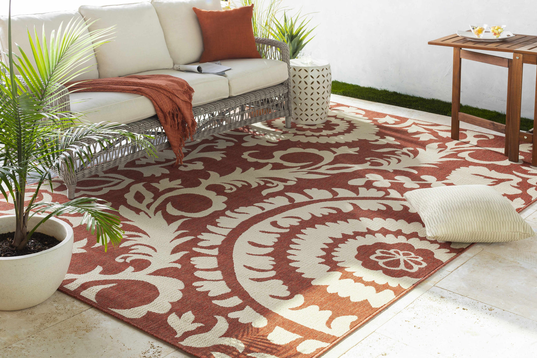 Alburnett Burnt Orange Floral Outdoor Rug - Clearance - Ornate Home