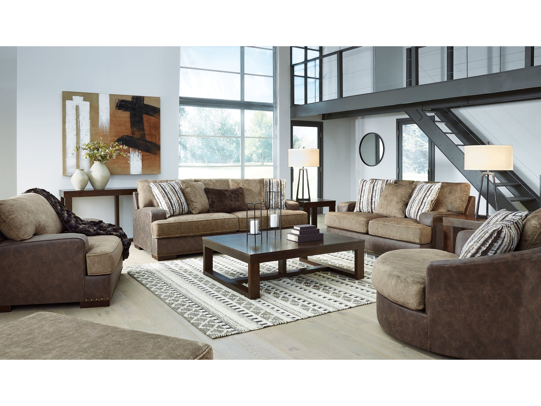 Alesbury Brown Sofa, Oversized Chair, Swivel Chair and Ottoman - Ornate Home