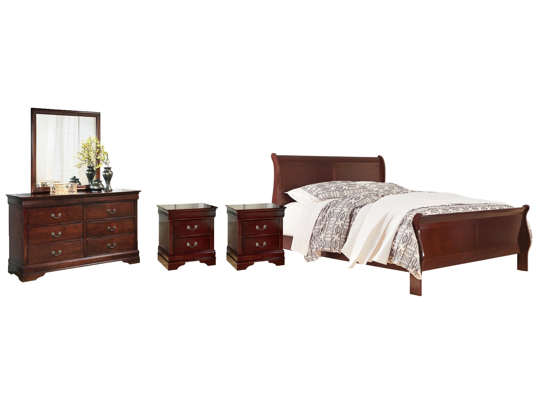 Alisdair Queen Sleigh Bedroom Set with Dresser, Mirror, Chest and 2 Nightstands - Ornate Home