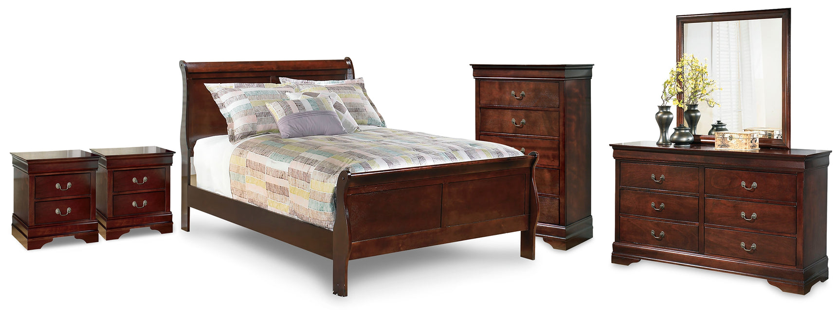 Alisdair Reddish Brown Full Sleigh Bed, Dresser, Mirror, Chest and 2 Nightstands (Online Special Price) - Ornate Home