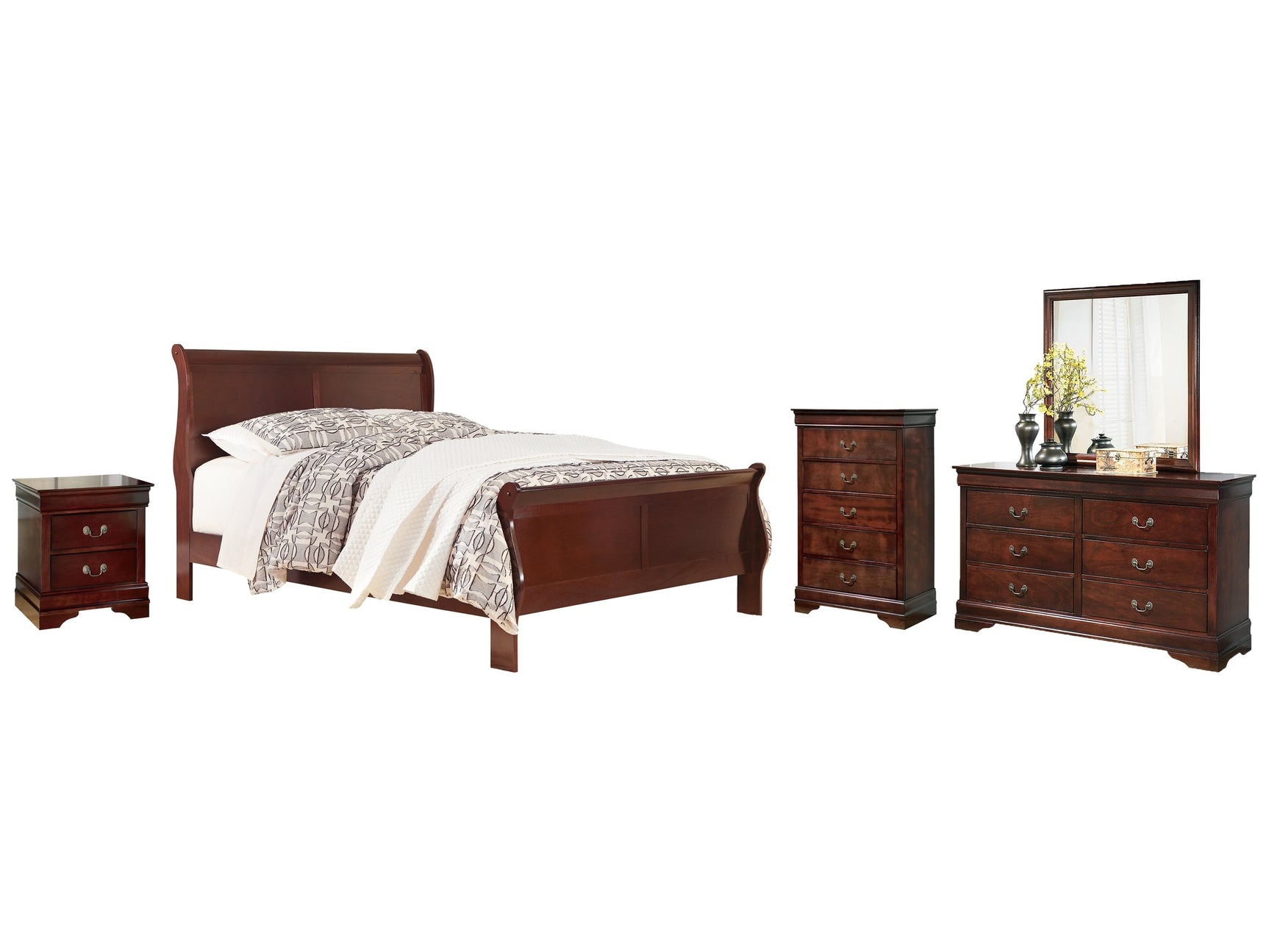 Alisdair Reddish Brown Queen Sleigh Bedroom Set with Dresser, Mirror, Chest and Nightstand - Ornate Home