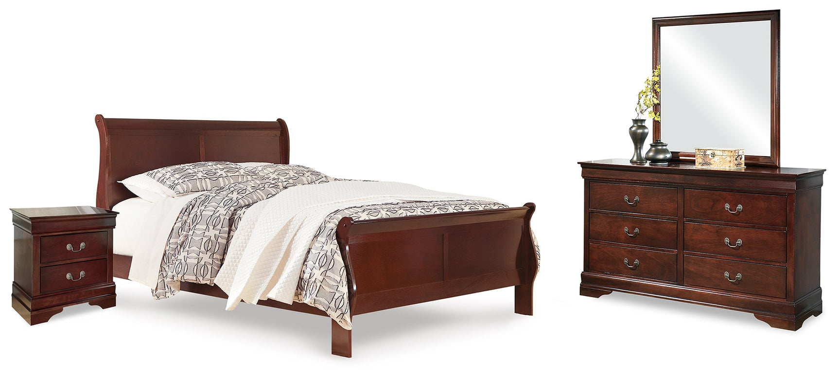 Alisdair Reddish Brown Queen Sleigh Bedroom Set with Dresser, Mirror, and Nightstand (Online Special Price) - Ornate Home