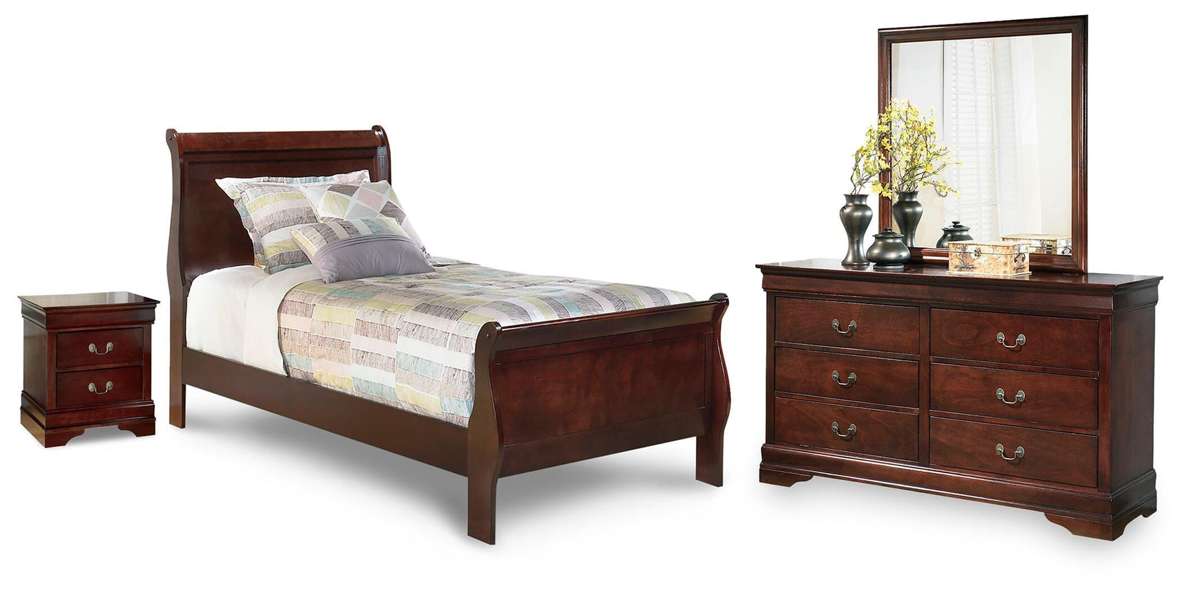 Alisdair Reddish Brown Twin Sleigh Bed, Dresser, Mirror and Nightstand - Ornate Home