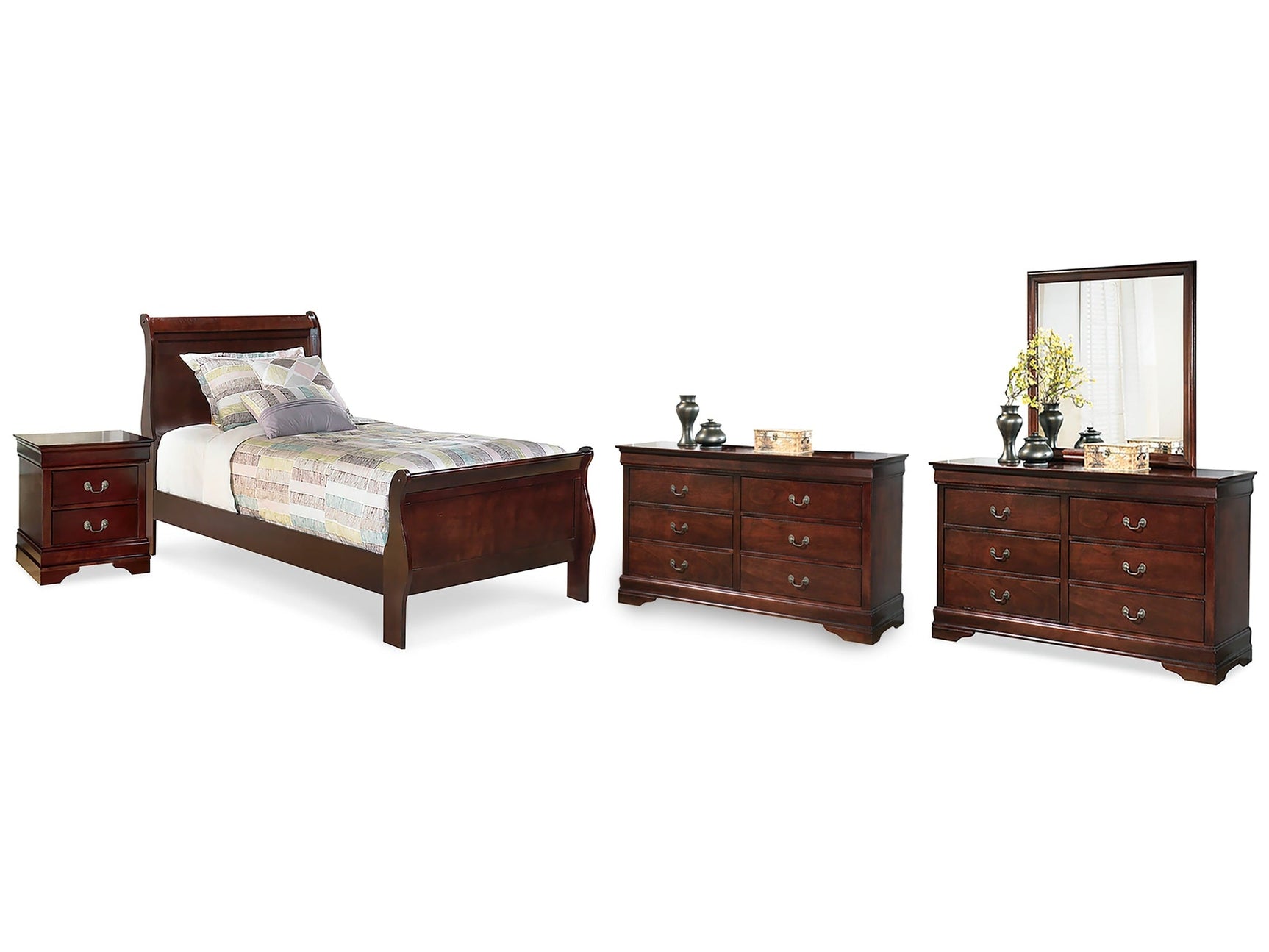 Alisdair Reddish Brown Twin Sleigh Bedroom Set with 2 Dressers, Mirror and Nightstand (Online Special Price) - Ornate Home