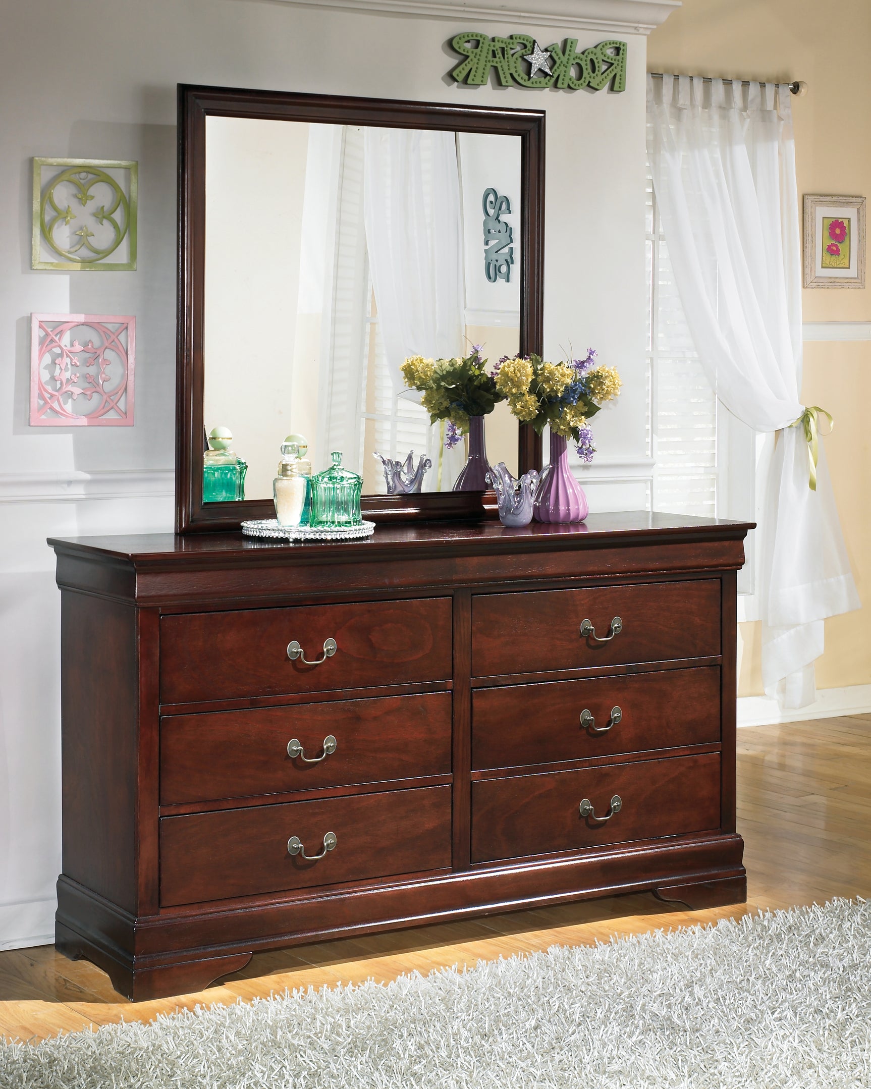 Alisdair Reddish Brown Twin Sleigh Bedroom Set with 2 Dressers, Mirror and Nightstand - Ornate Home