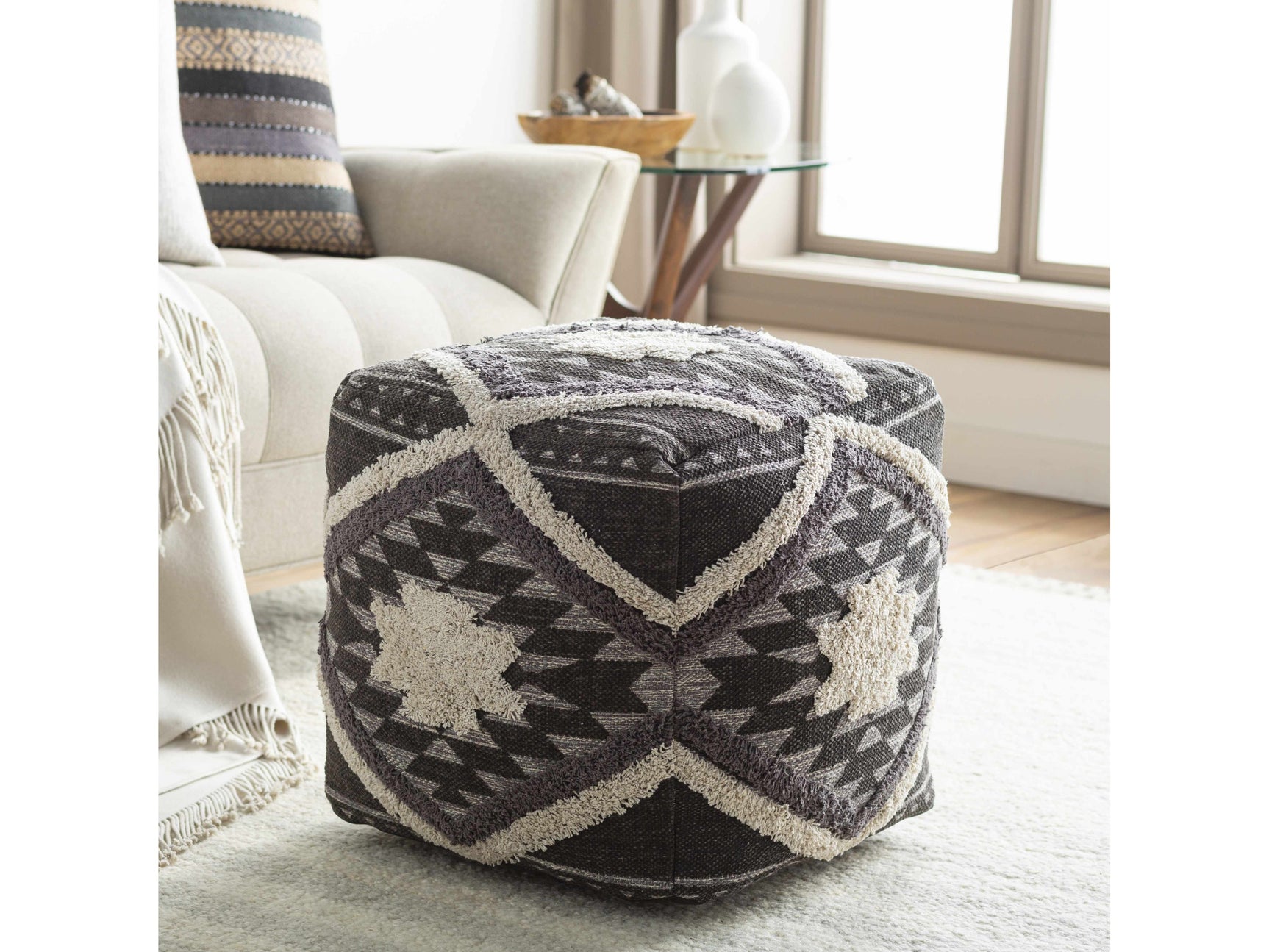 Almondbank Handwoven Beige Cotton Pouf - Ornate Home