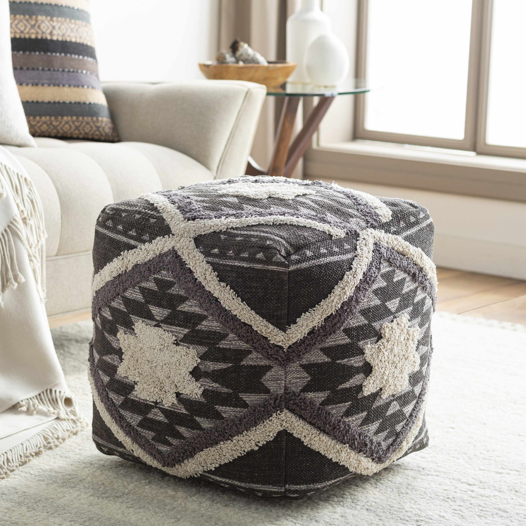 Almondbank Handwoven Beige Cotton Pouf - Ornate Home