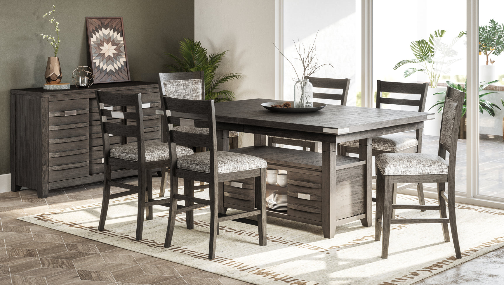 Altamonte Brushed Grey High/Low Dining Table w/ 4 Uph Stools - Ornate Home