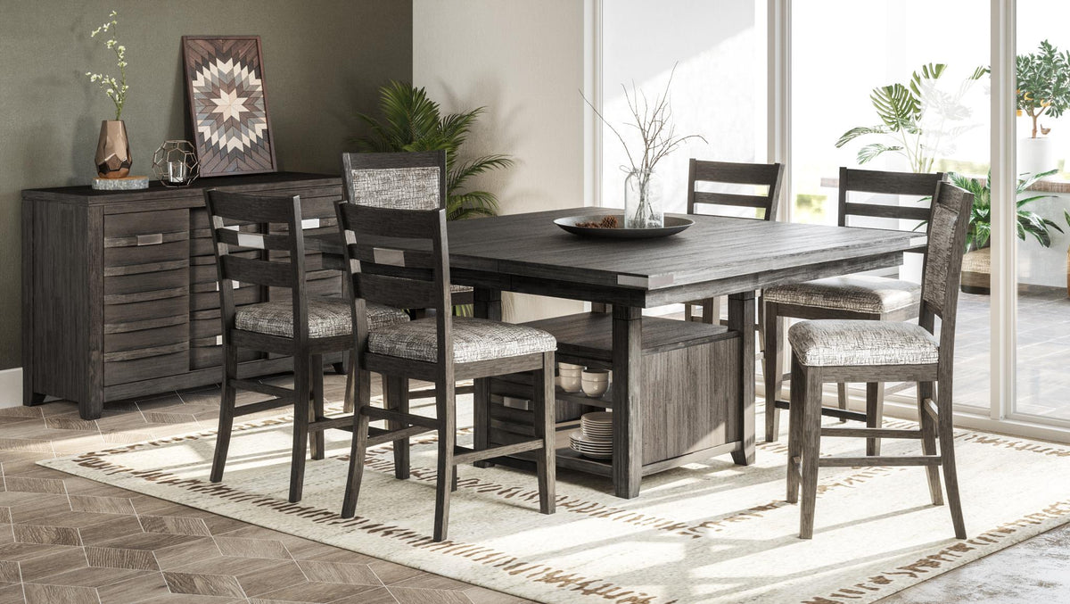 Altamonte Brushed Grey High/Low Sq. Counter Dining Table w/ 4 Ladderback Stools - Ornate Home