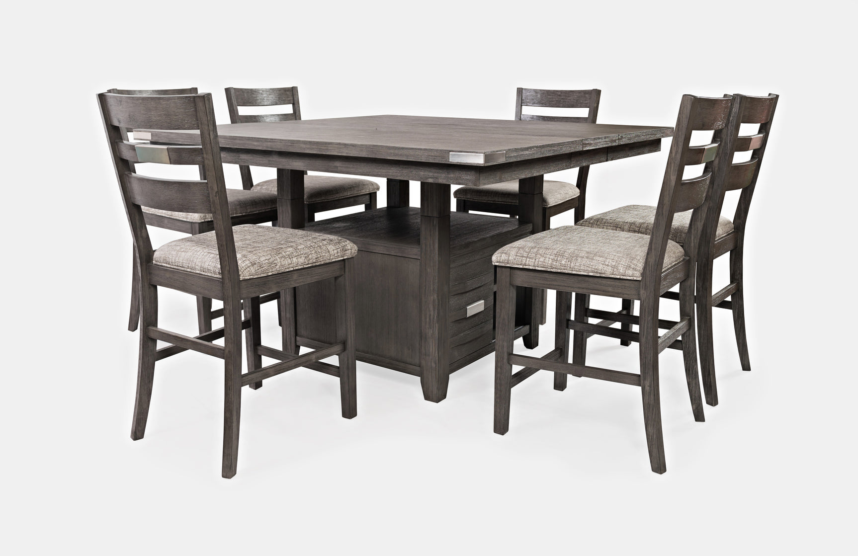 Altamonte Brushed Grey High/Low Sq. Counter Dining Table w/ 6 Ladderback Stools - Ornate Home