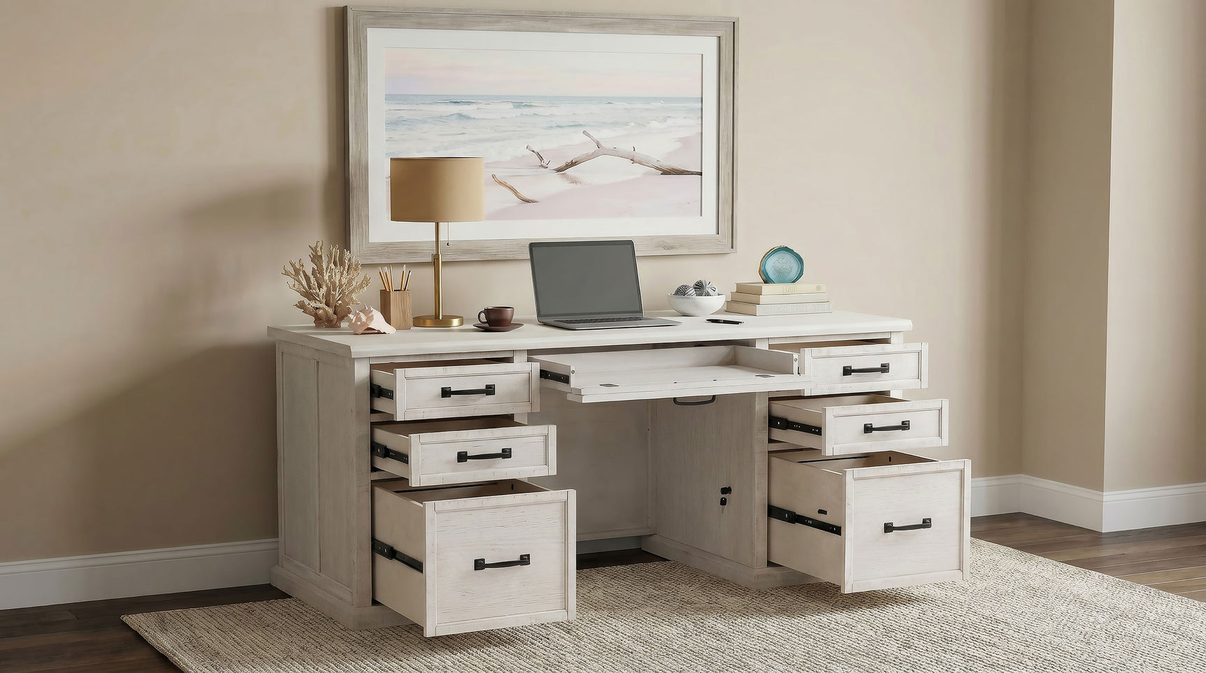 Altidore Distressed White 68-inch 7-drawer Executive Home Office Desk - Ornate Home