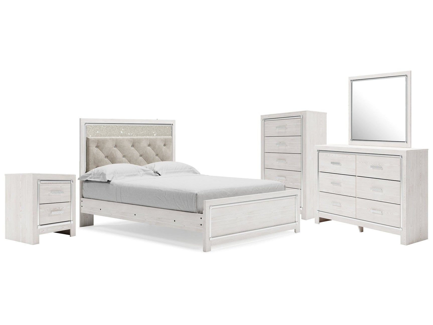 Altyra Queen Upholstered Panel Bed, Dresser, Mirror, Chest and Nightstand (Online Special Price) - Ornate Home