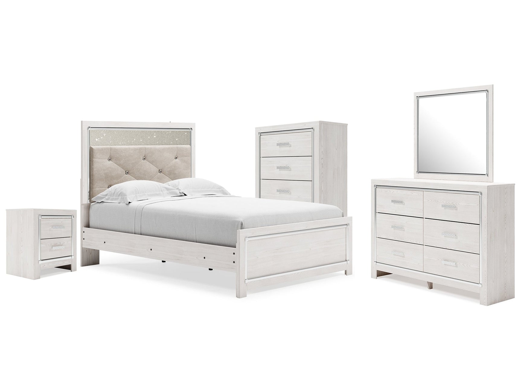 Altyra White Full Upholstered Panel Bed, Dresser, Mirror, Chest and Nightstand (Online Special Price) - Ornate Home