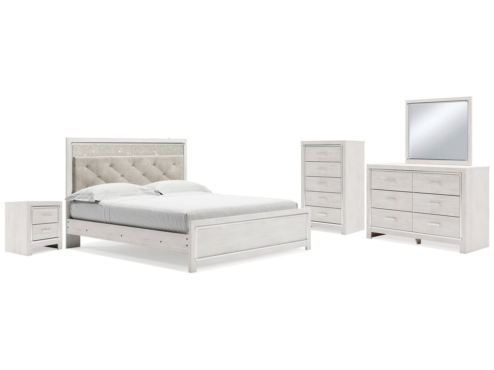 Altyra White King Panel Bed, Dresser, Mirror, Chest and Nightstand (Online Special Price) - Ornate Home