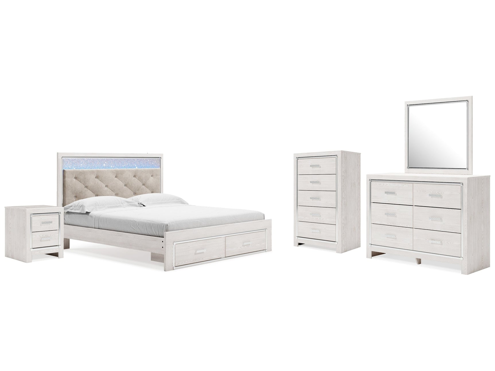 Altyra White King Upholstered Storage Bedroom Set with Dresser, Mirror, Chest, and Nightstand - Ornate Home