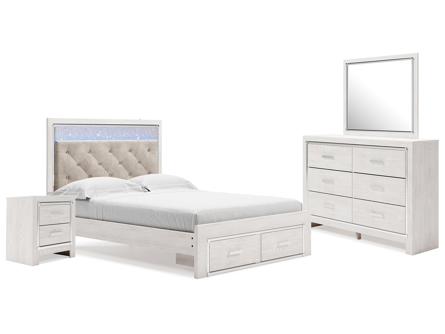 Altyra White Queen Panel Storage Bedroom Set with Mirrored Dresser and Nightstand (Online Special Price) - Ornate Home