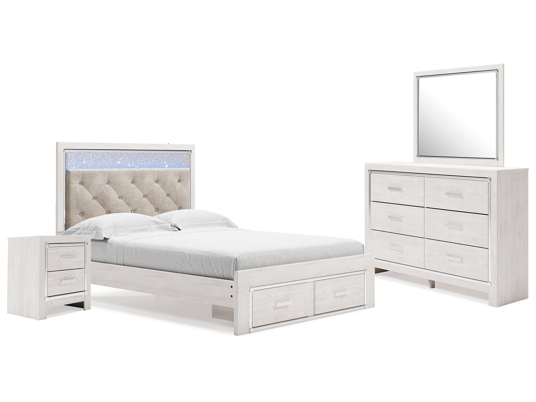 Altyra White Queen Panel Storage Bedroom Set with Mirrored Dresser and Nightstand - Ornate Home