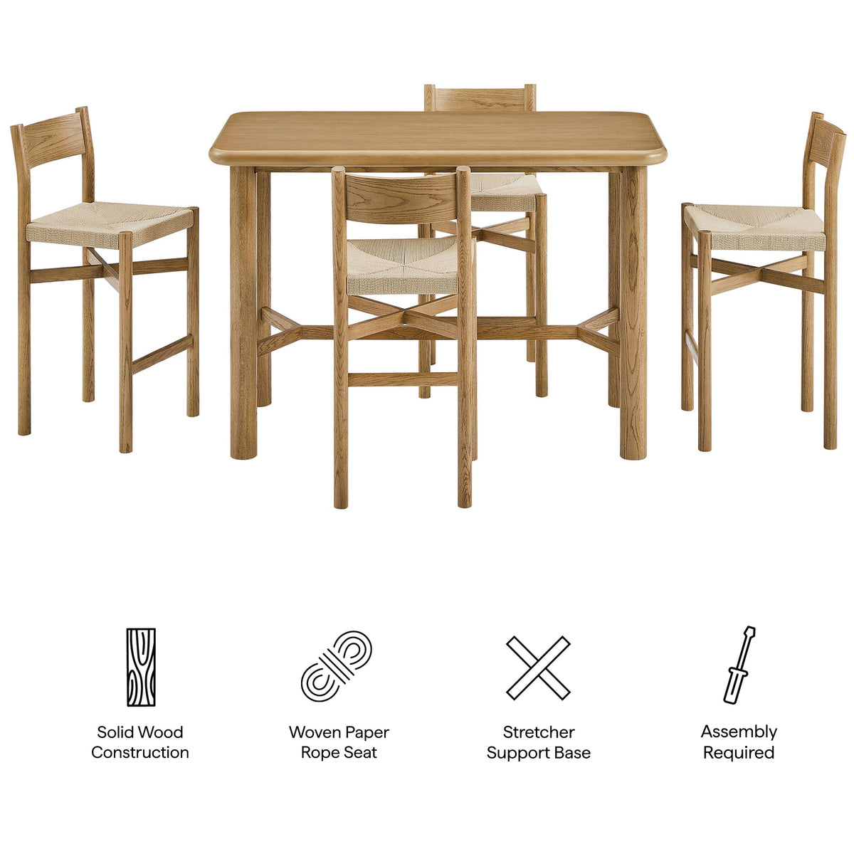 Alvia Weathered 5-Piece Rectangular Oak Wood Bar Table With Bar Stools Set - Ornate Home