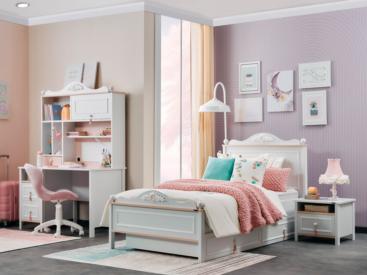 Alya White Kids Room Set (Twin Bed & Study Desk & Nightstand) - Ornate Home