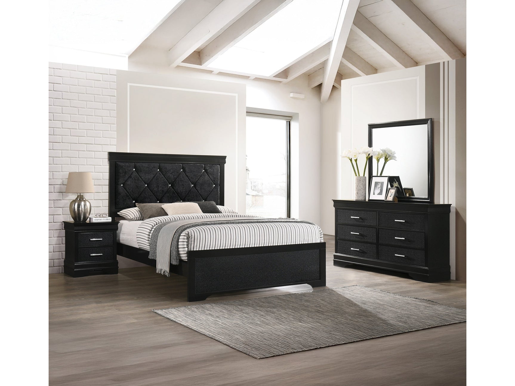 Amalia Black Upholstered Panel Bedroom Set - Ornate Home
