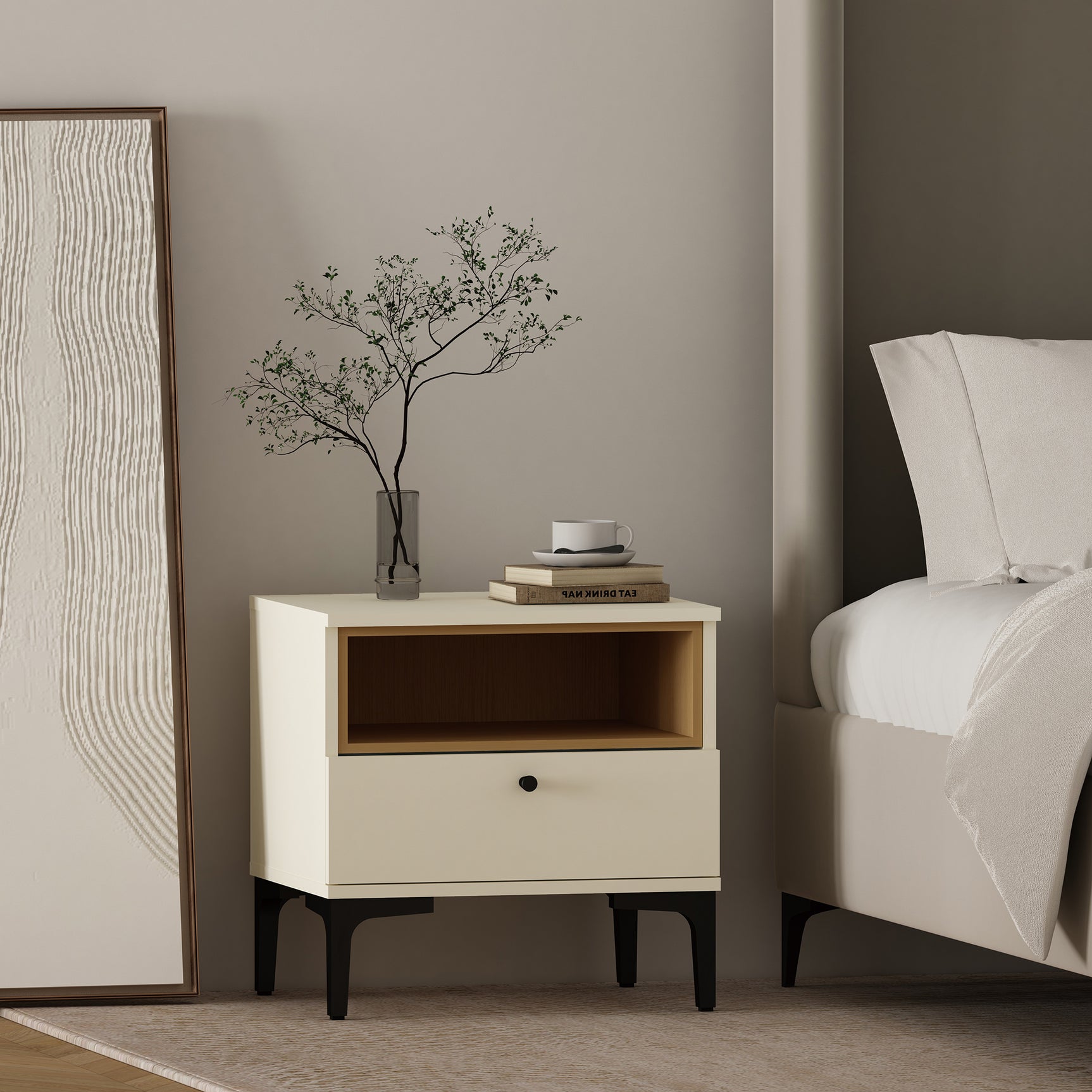 Amara Nightstand in Cream and Natural Oak - Ornate Home