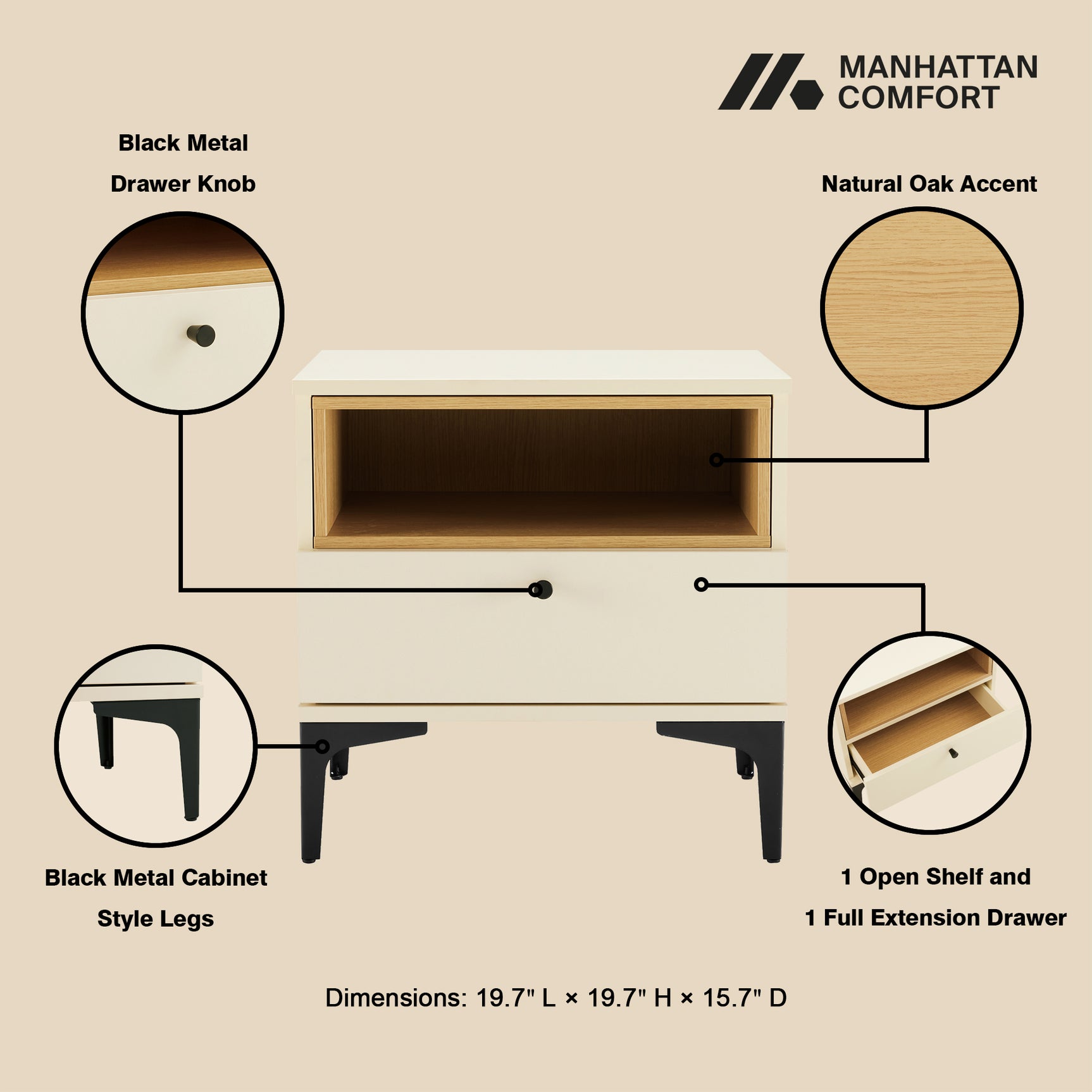 Amara Nightstand in Cream and Natural Oak - Ornate Home