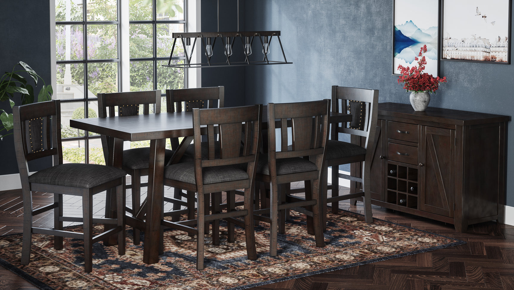 American Rustics Dark Brown/Black Counter Dining Table w/ 6 Stools - Ornate Home