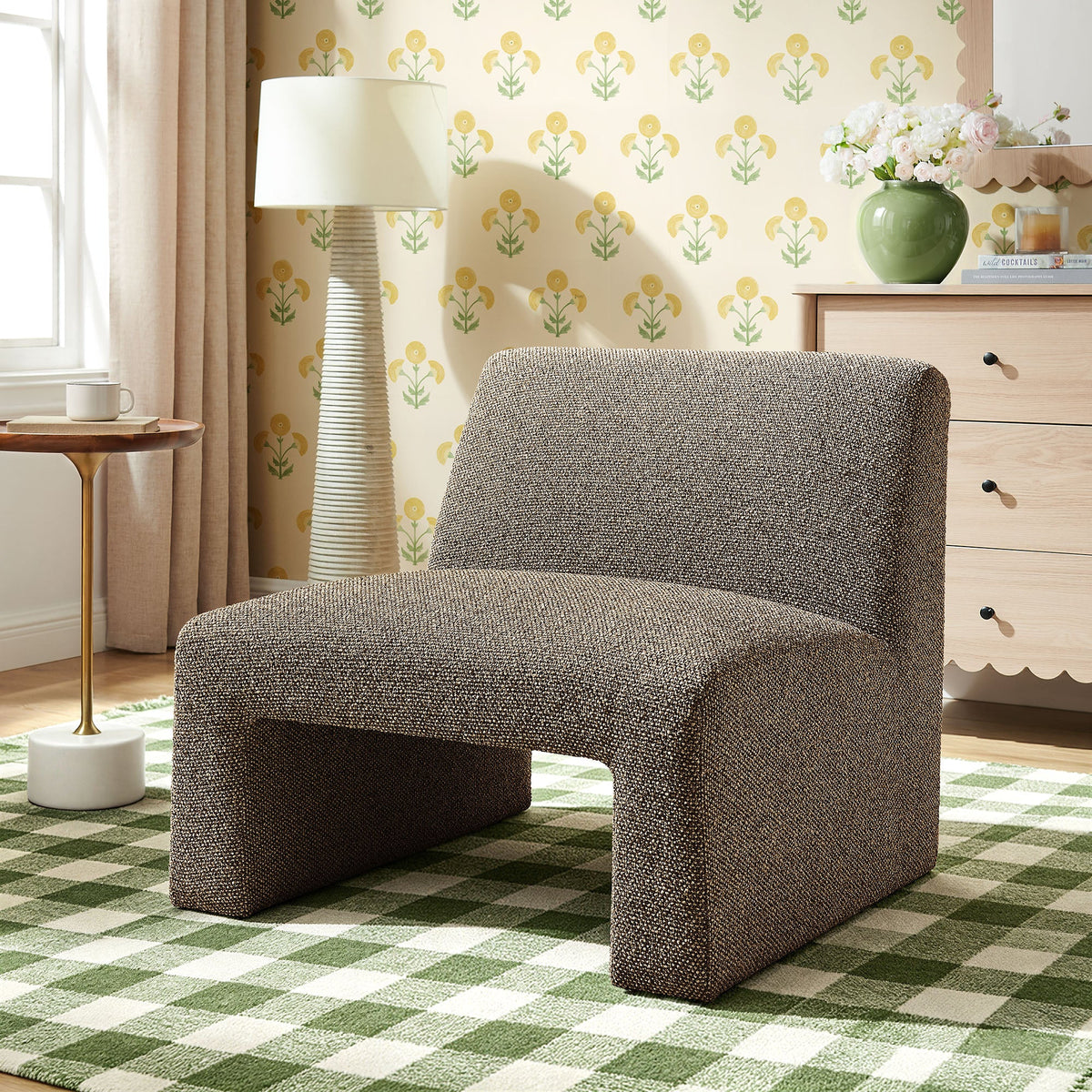 Amita Earth Lattice Boucle Upholstered Armless Accent Chair - Ornate Home