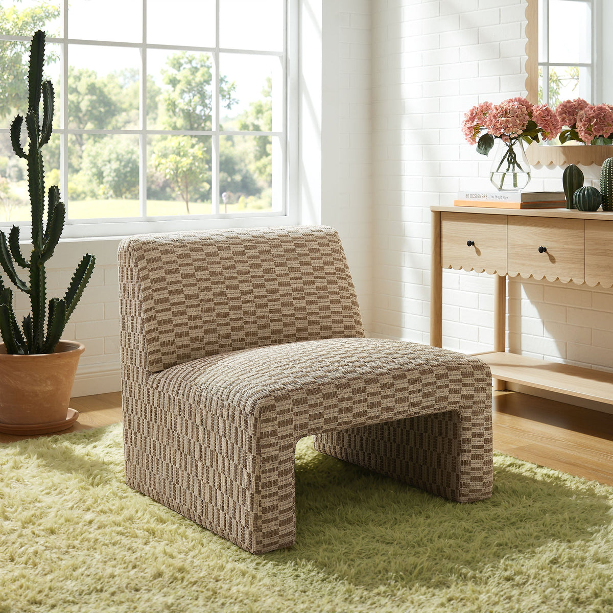Amita Mineral Checked Woven Fabric Armless Accent Chair - Ornate Home