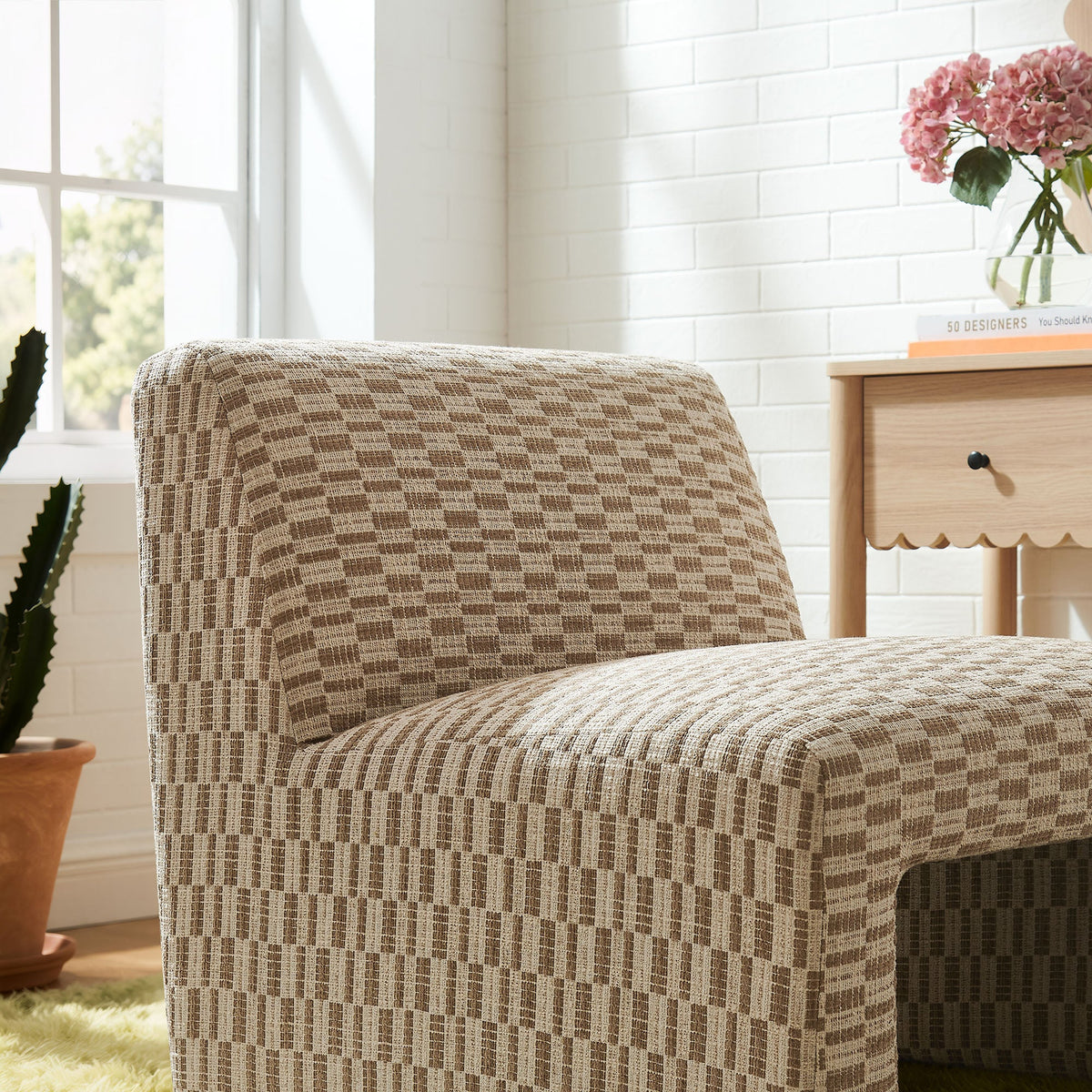 Amita Mineral Checked Woven Fabric Armless Accent Chair - Ornate Home