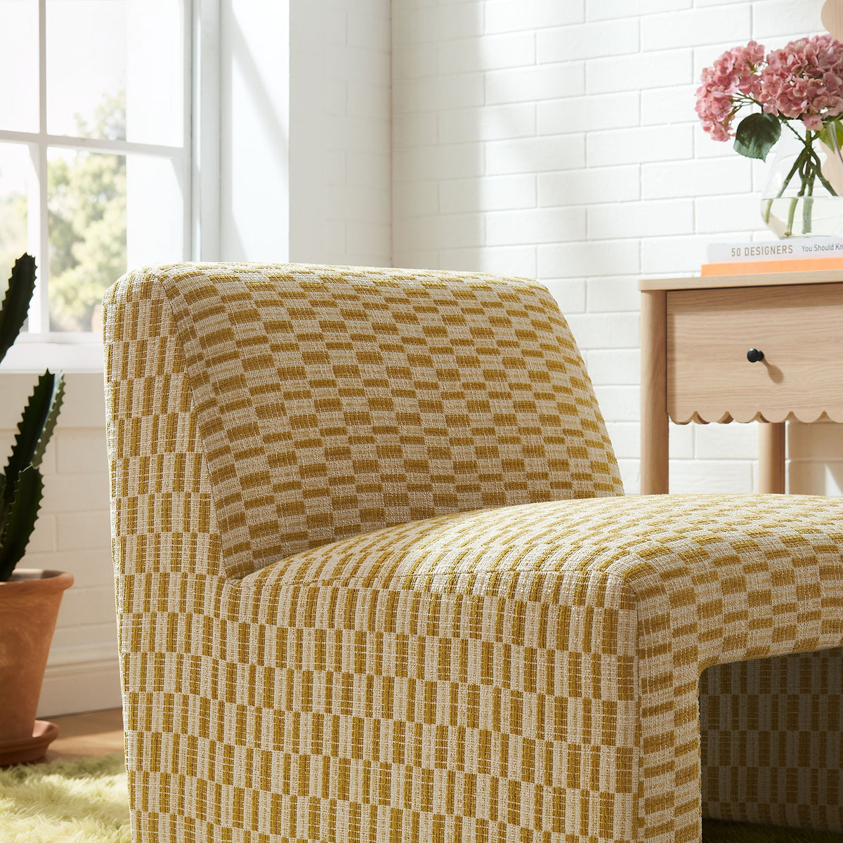 Amita Sunrise Checked Woven Fabric Armless Accent Chair - Ornate Home
