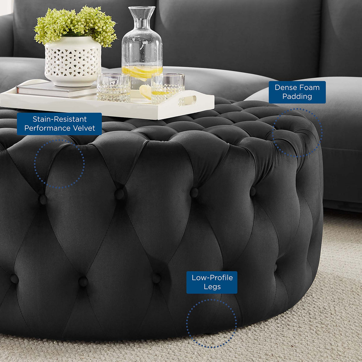 Amour Black Tufted Button Large Round Performance Velvet Ottoman - Ornate Home
