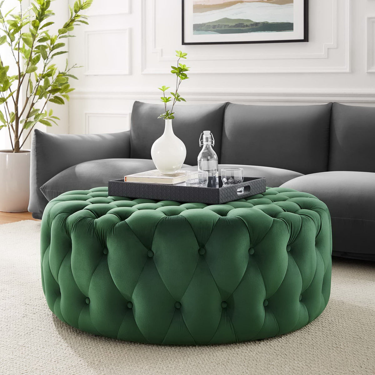 Amour Emerald Tufted Button Large Round Performance Velvet Ottoman - Ornate Home