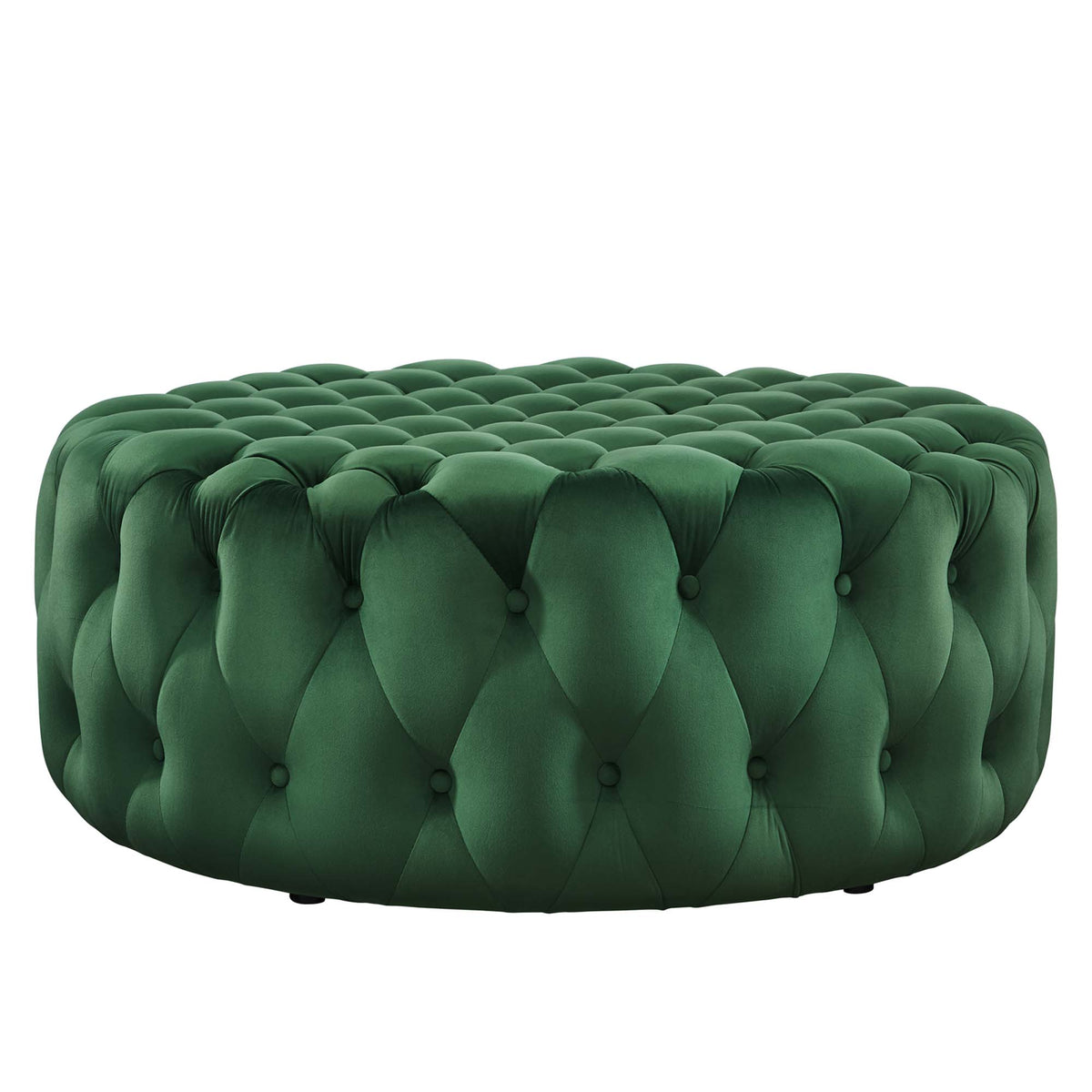 Amour Emerald Tufted Button Large Round Performance Velvet Ottoman - Ornate Home