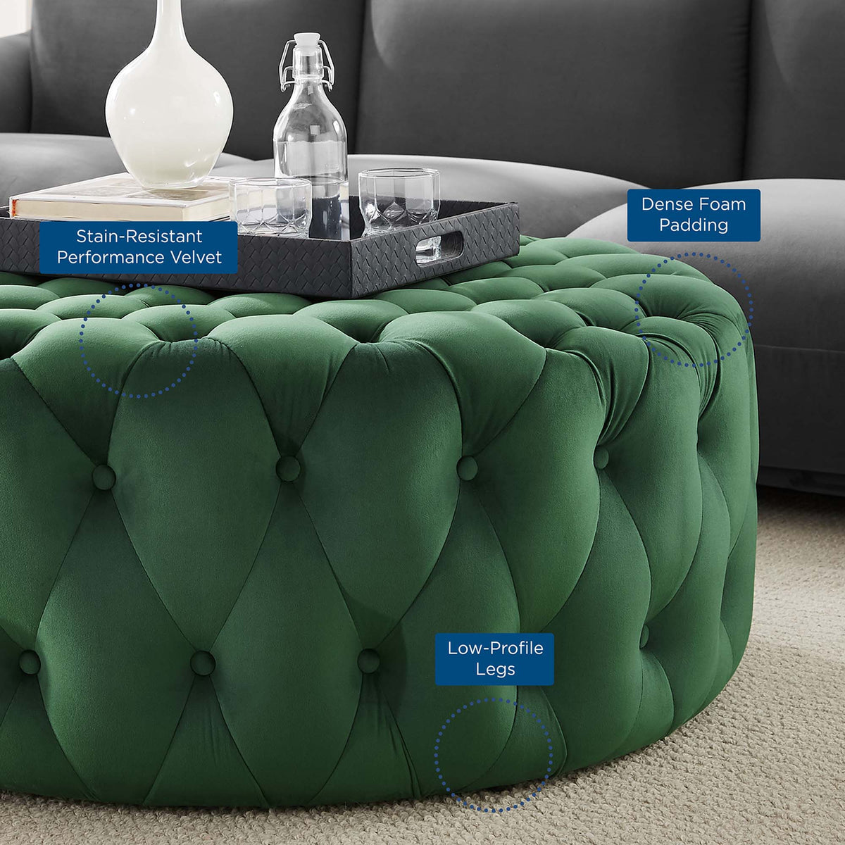 Amour Emerald Tufted Button Large Round Performance Velvet Ottoman - Ornate Home
