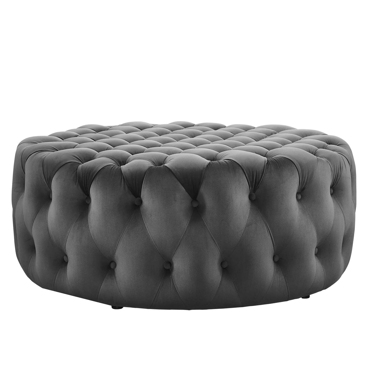 Amour Gray Tufted Button Large Round Performance Velvet Ottoman - Ornate Home