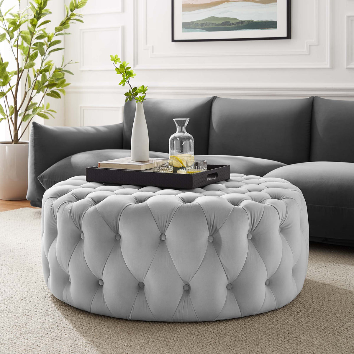 Amour Light Gray Tufted Button Large Round Performance Velvet Ottoman - Ornate Home
