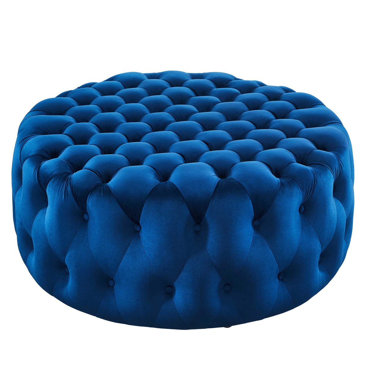 Amour Navy Tufted Button Large Round Performance Velvet Ottoman - Ornate Home