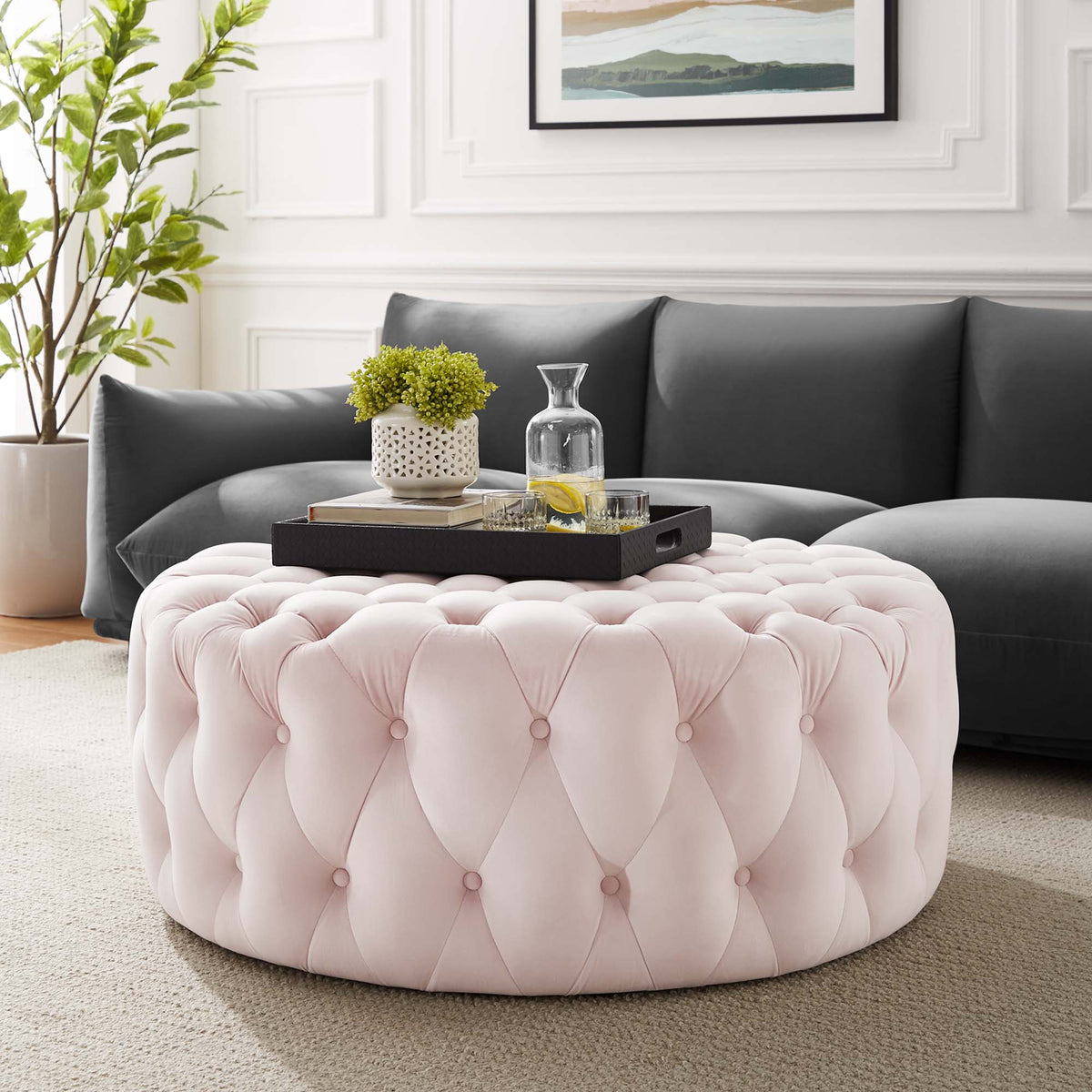 Amour Pink Tufted Button Large Round Performance Velvet Ottoman - Ornate Home